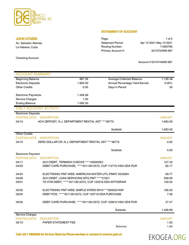 Relevé bancaire de la Banco Central de Cuba